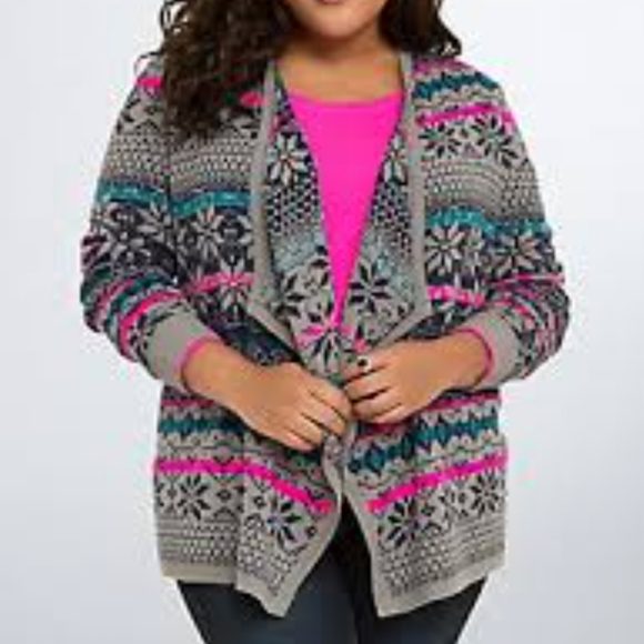 torrid Sweaters - Torrid Women's Fair Isle Neon Pink Open Front Drape Cardigan Sweater Size 1/1X